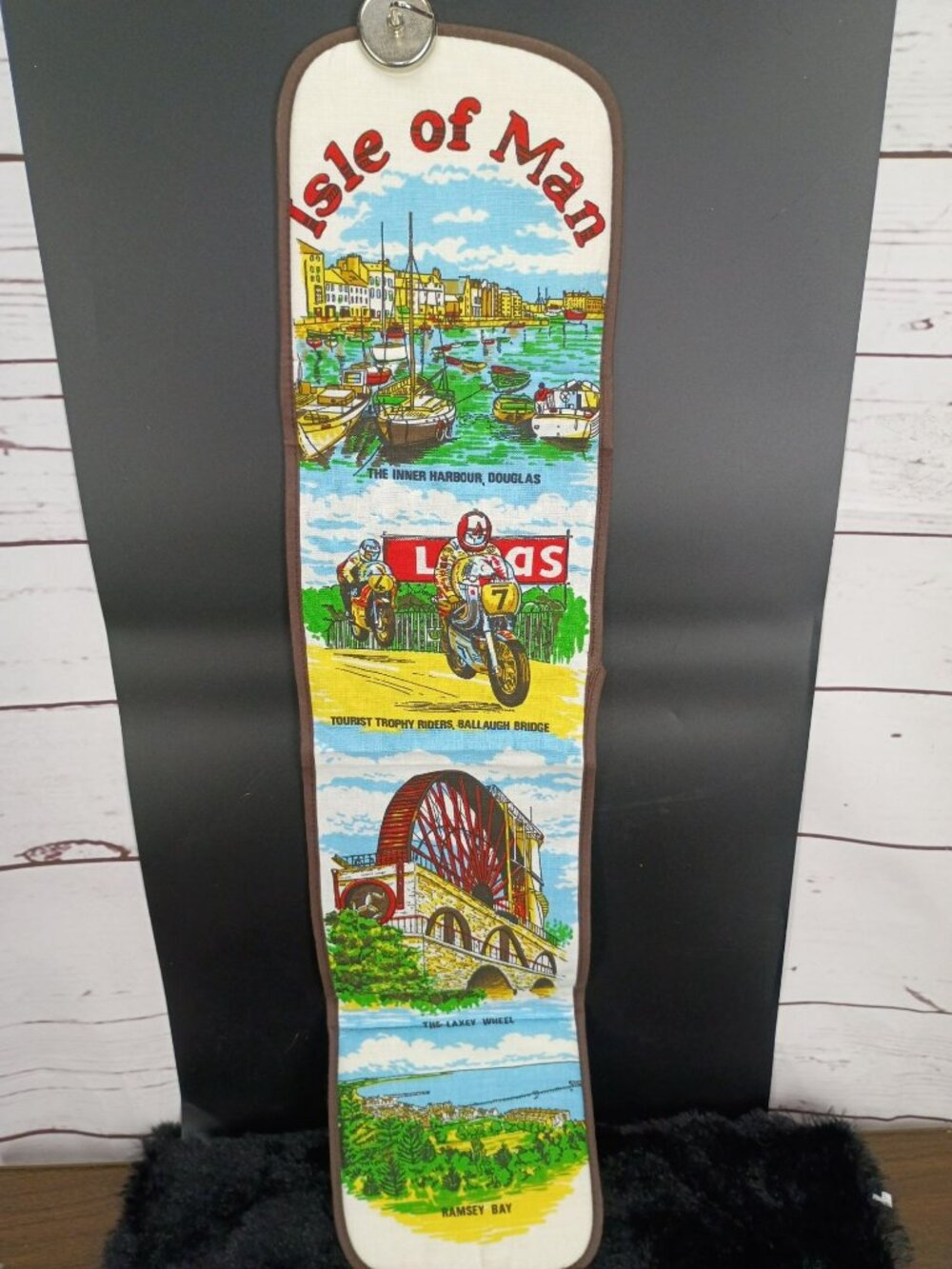Vintage Isle Of Man Hanging Tea Towel With Tourist Scenes Douglas‎ & Laxey Wheel